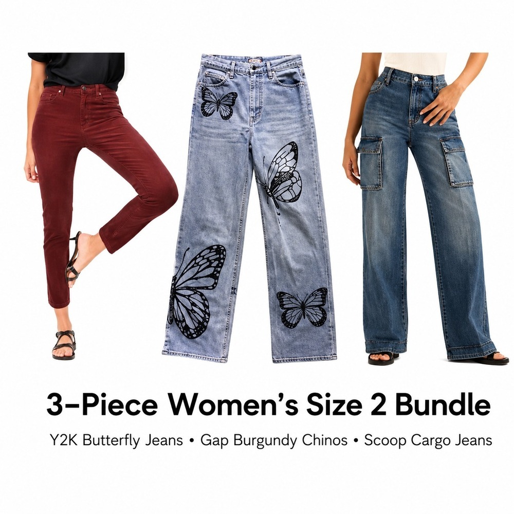 Women's Size 2 Pants Bundle Y2K Butterfly Jeans Gap Chinos Scoop Cargo Lot 3